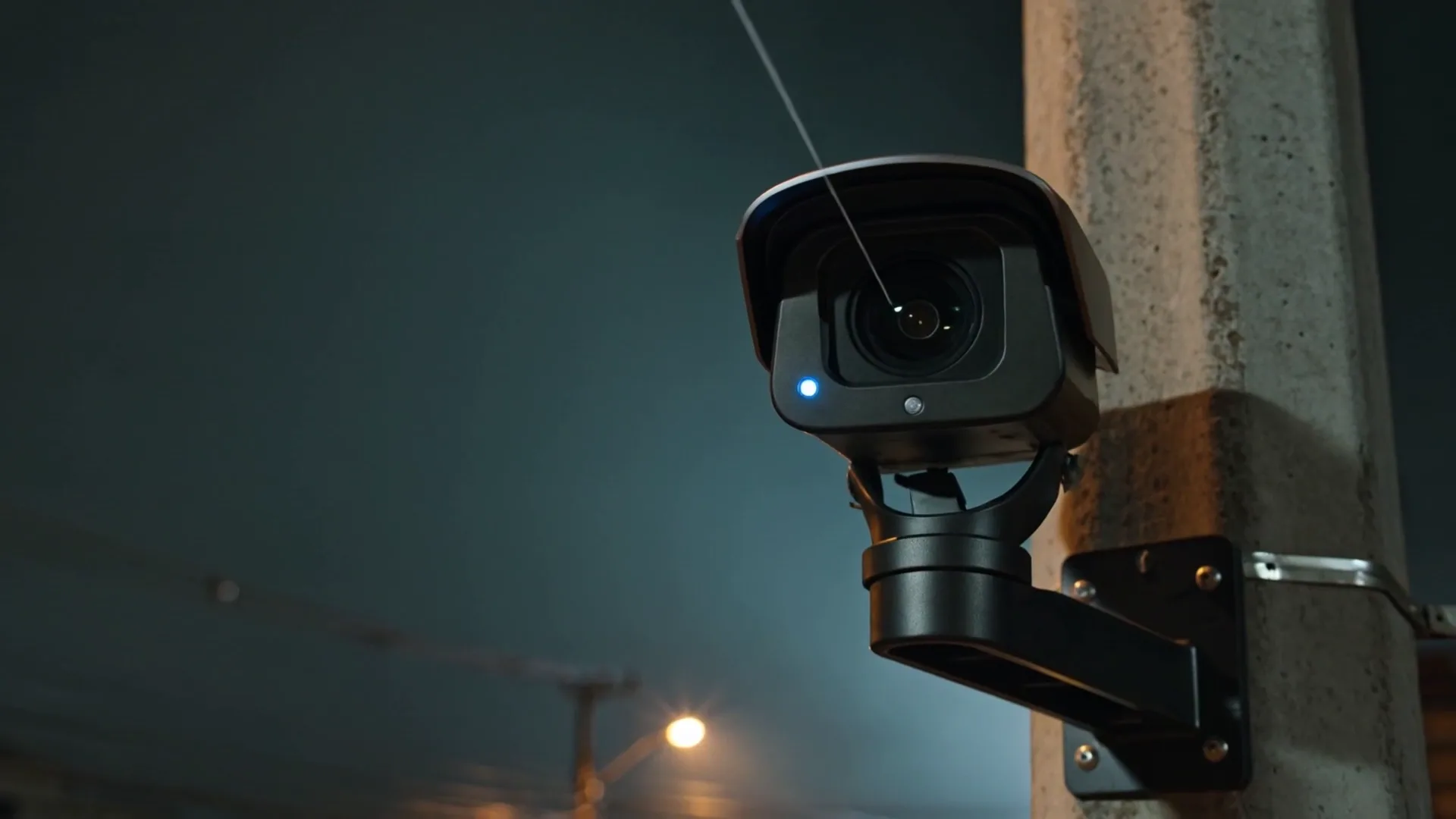 Cámara de videovigilancia en un poste urbano durante la noche