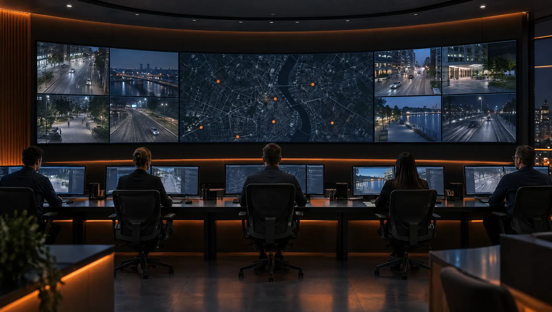 Centro de mando con muro de video y operadores