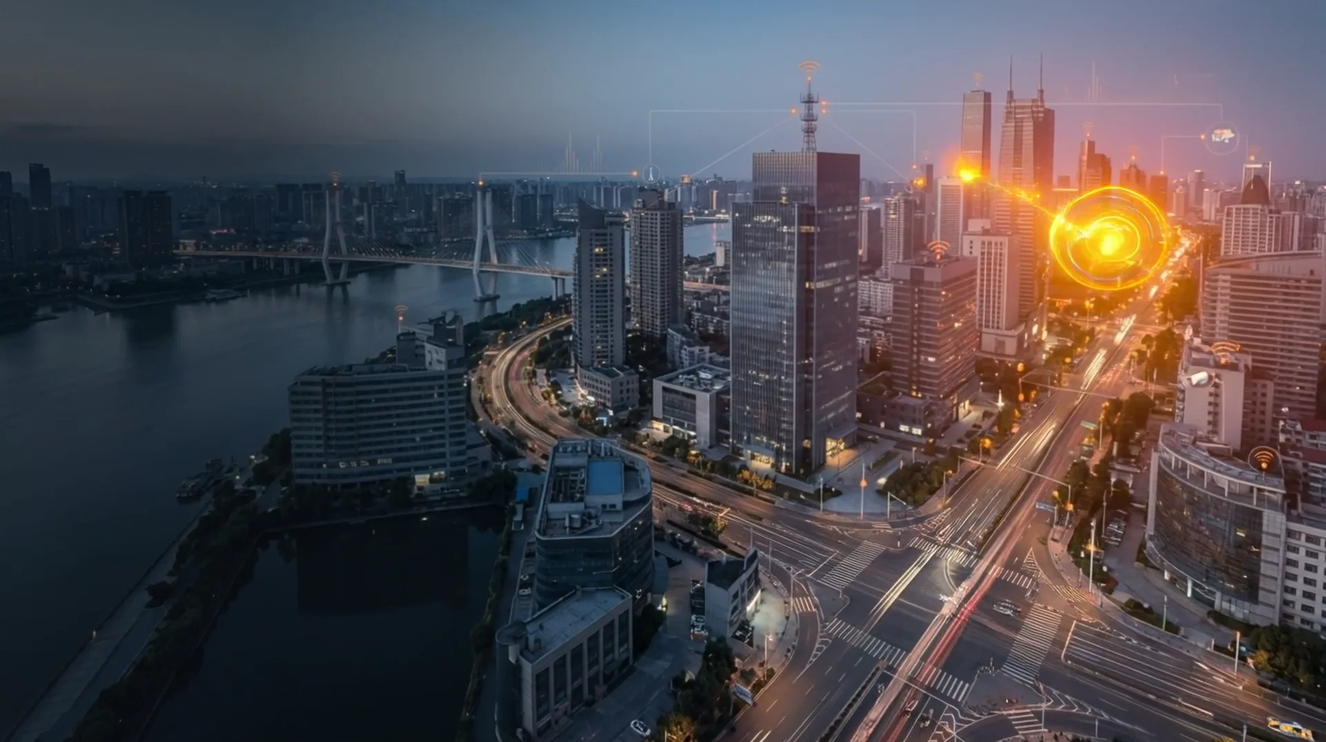 Vista aérea de una ciudad al anochecer donde aparecen señales y conexiones de infraestructura inteligente