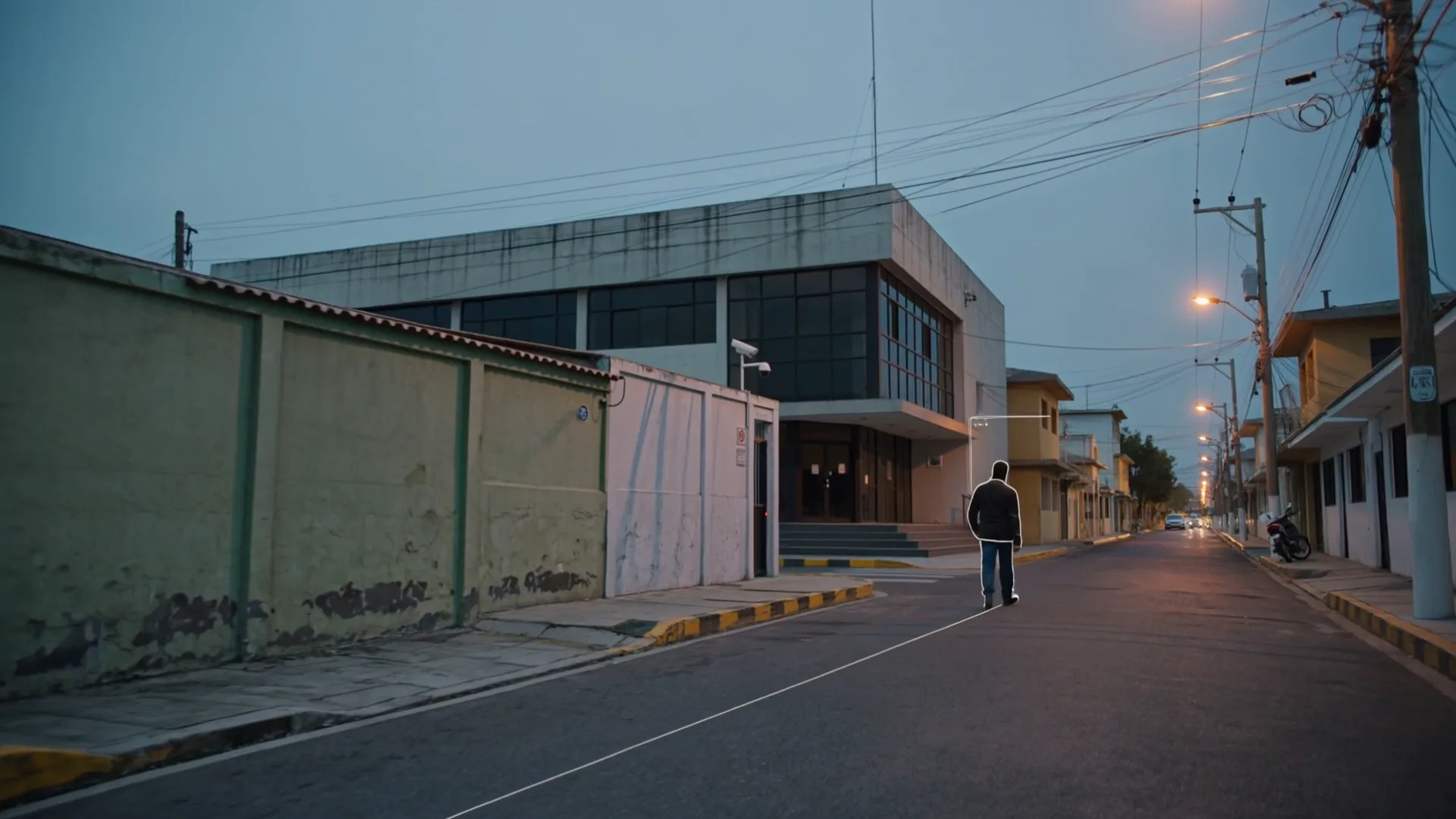 Calle junto a una instalación industrial al anochecer con cámaras de seguridad