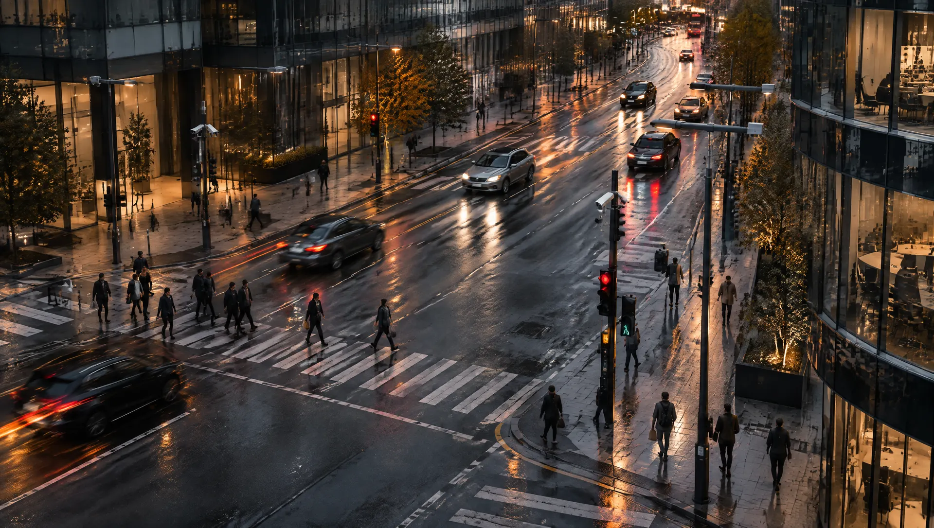 Intersección urbana con tráfico, iluminación y dispositivos de monitoreo