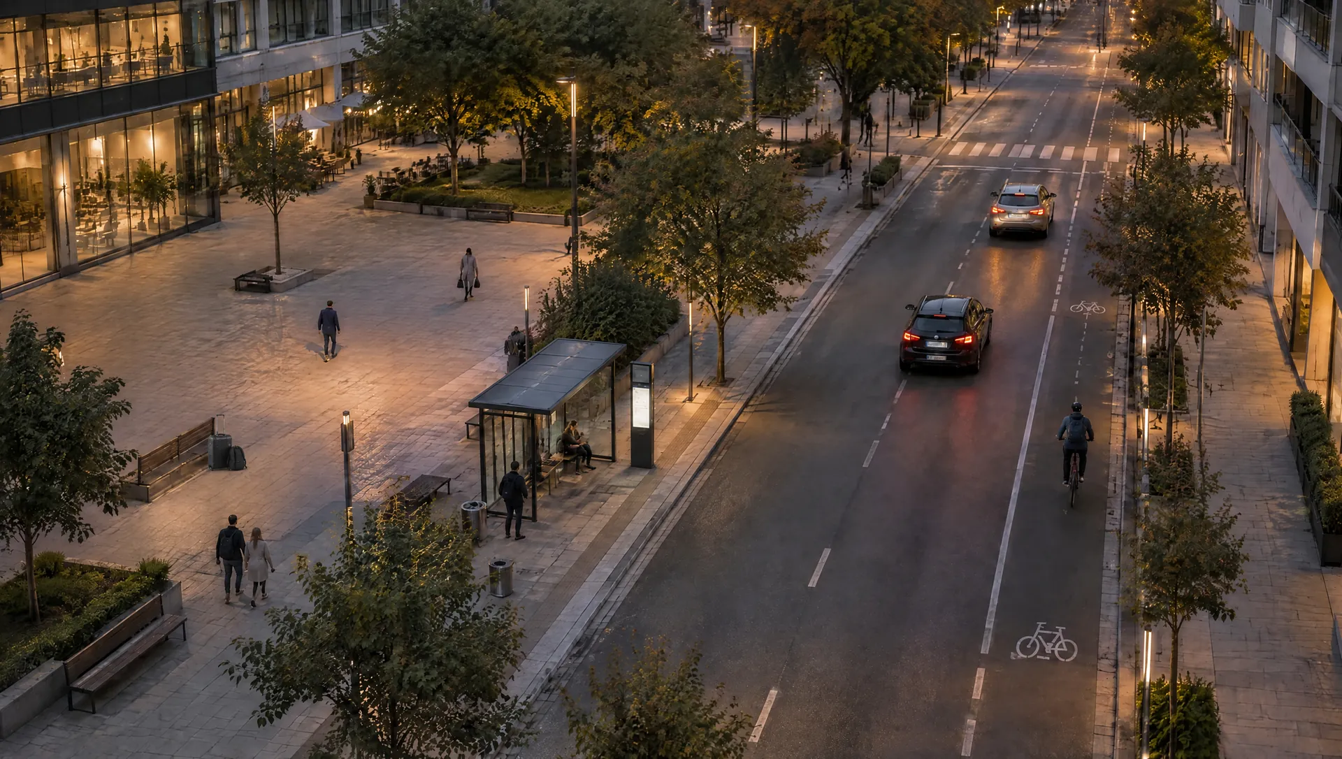 Calle urbana vista desde una cámara, con personas y vehículos